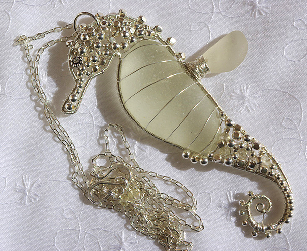 White Sea Glass Seahorse Pendant