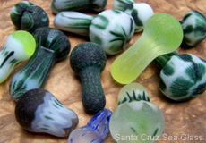 Mushroom shaped sea glass shards.